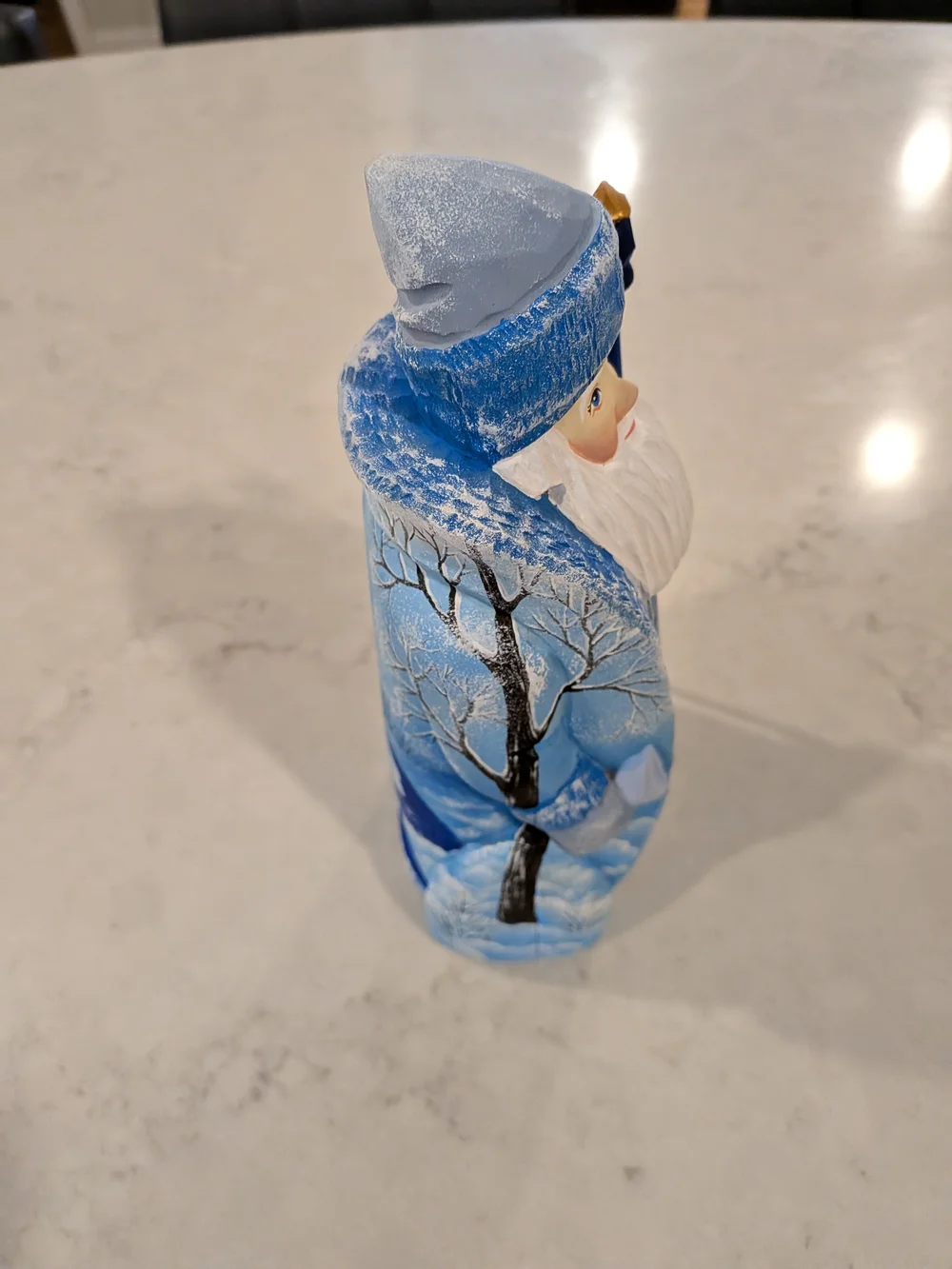 Wood Hand Carved & Painted Blue Santa Figurine Holiday Decoration 9.5